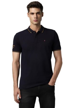 Louis Philippe Men's Slim Fit Single-Tuck Pique Stylized Sleeve Print and Contrast Tipping Half Sleeve Solid Polo Tshirt