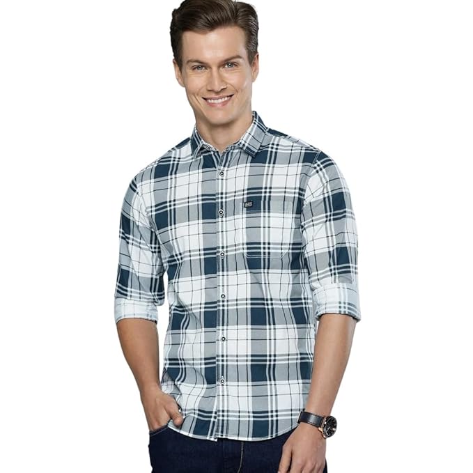 The Indian Garage Co Men Slim Fit Checkered Full Sleeves Cutaway Collar Casual Shirt