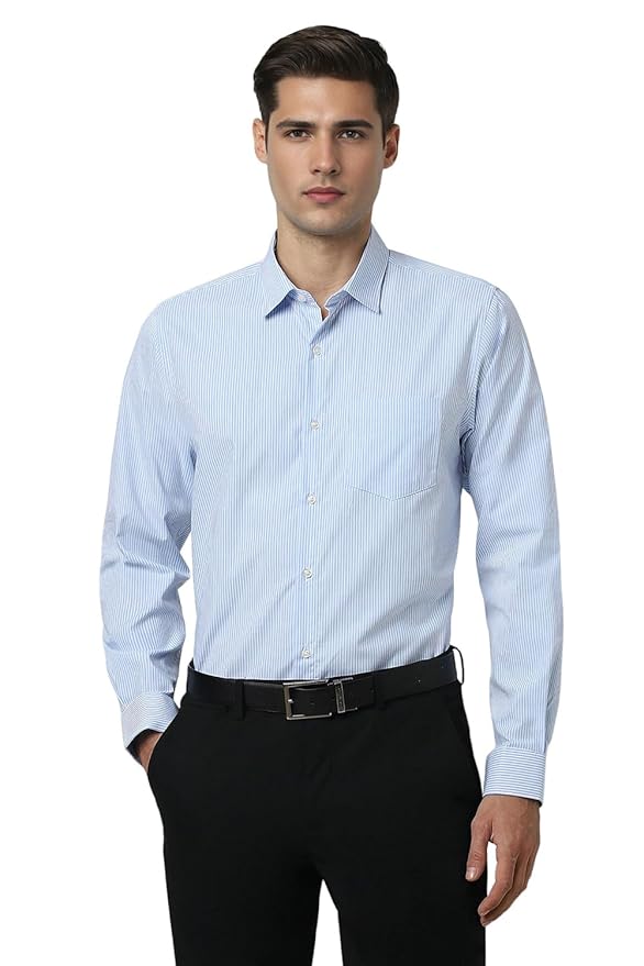 Peter England Men's Slim Fit Full Sleeve Pin-Striped Formal Shirt | Cotton-Rich | Wonder Fabric | Pin Point Oxford