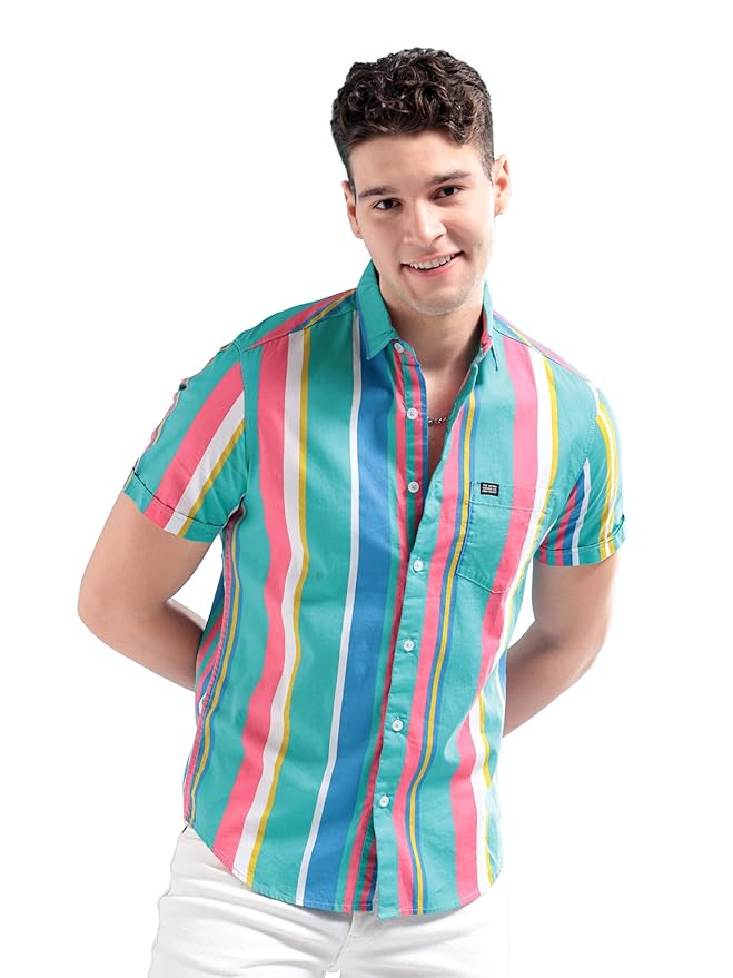 The Indian Garage Co Men Slim Fit Striped Half Sleeves Spread Collar Casual Shirt